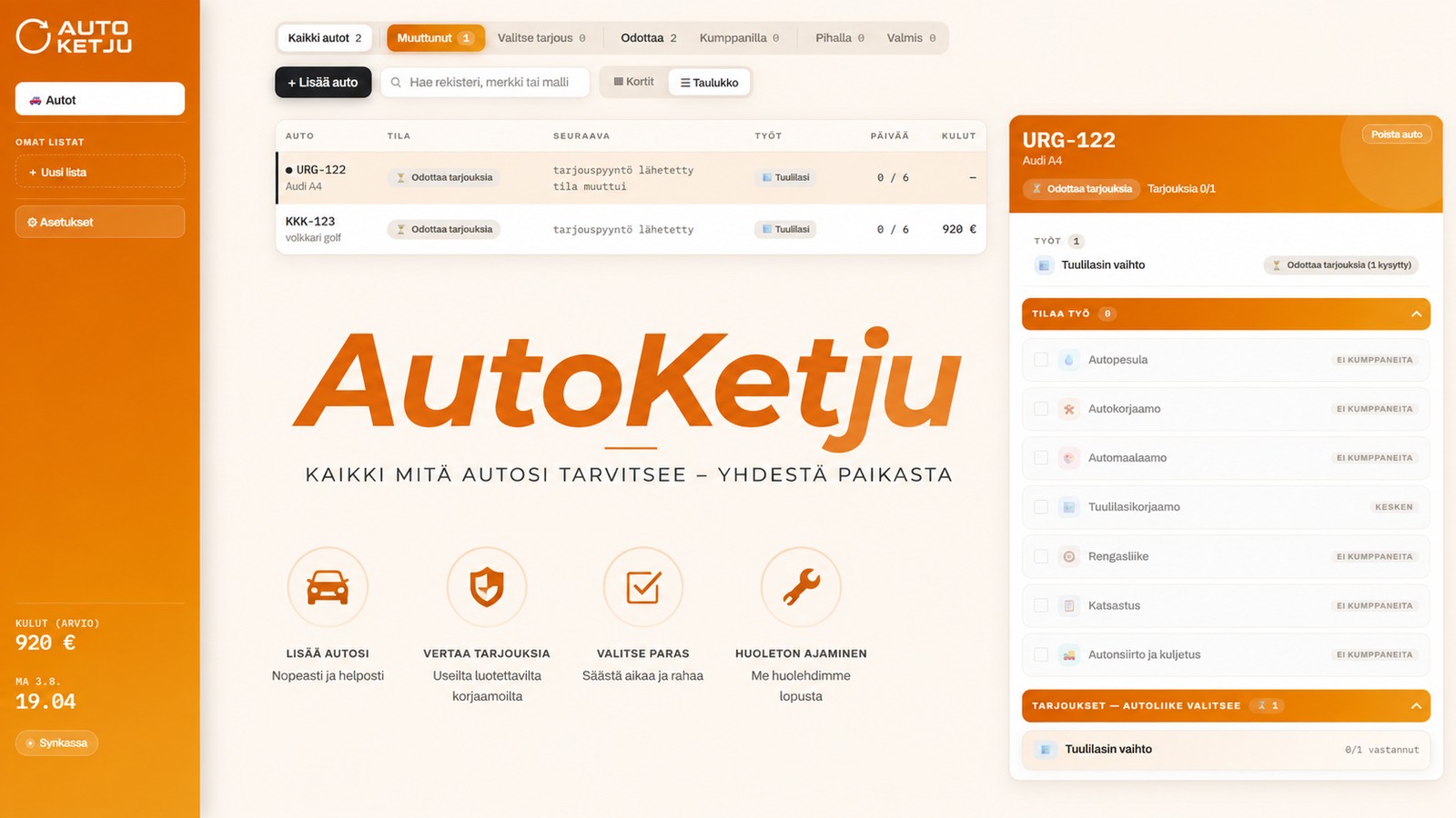 AutoKetjun näkymä: autolista, valitun auton työt ja tarjoukset.