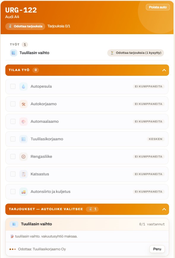Auton työtilaus: toimialat valittavana ja alla saapuneet tarjoukset.