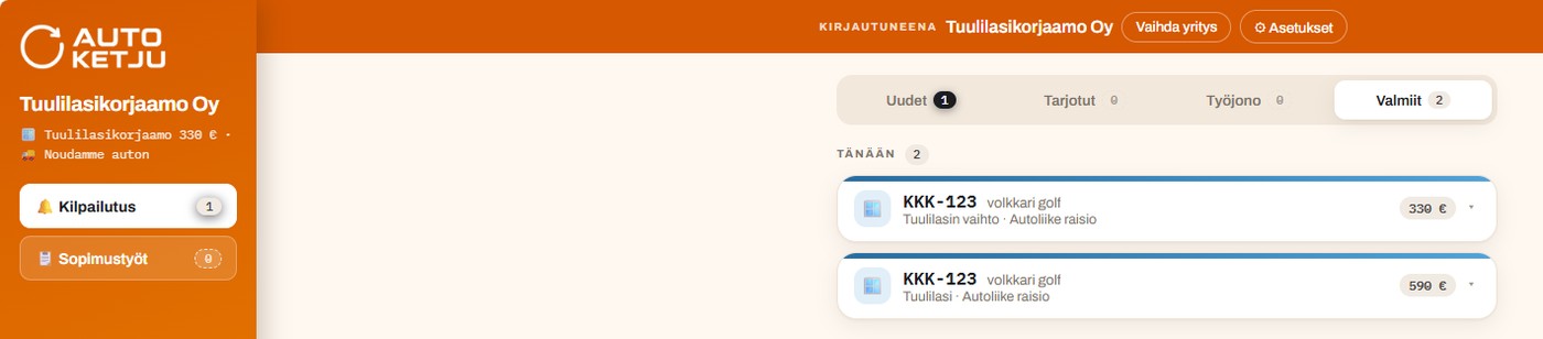 Alihankkijan työjono: saapuneet pyynnöt hinta-arvioineen yhdessä listassa.
